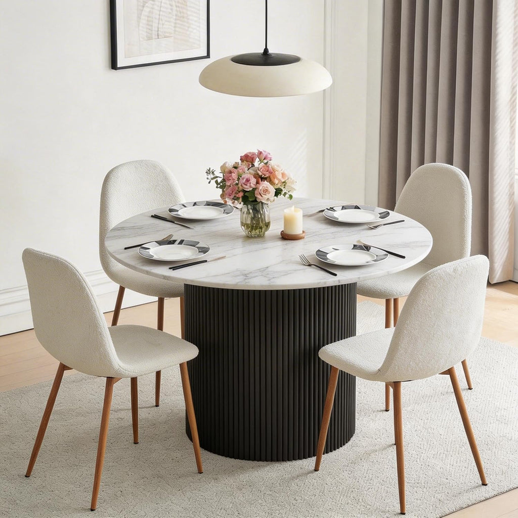 Dining Table Set for 4, Mid Century Modern 47 Inch White Marble-Look Wooden Round Dining Table Set, Space Saving (Table + 4 White Chairs)