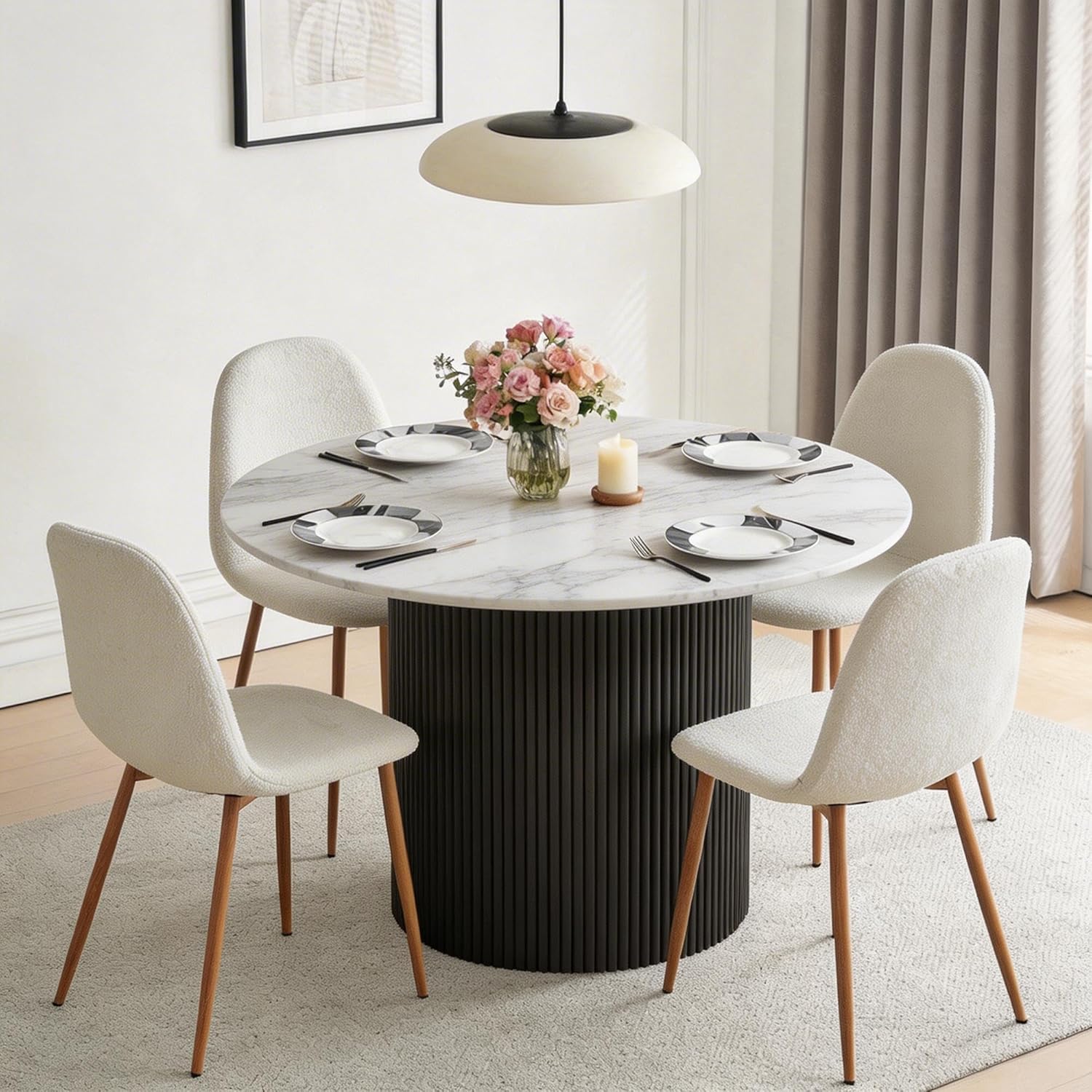 Dining Table Set for 4, Mid Century Modern 47 Inch White Marble-Look Wooden Round Dining Table Set, Space Saving (Table + 4 White Chairs)