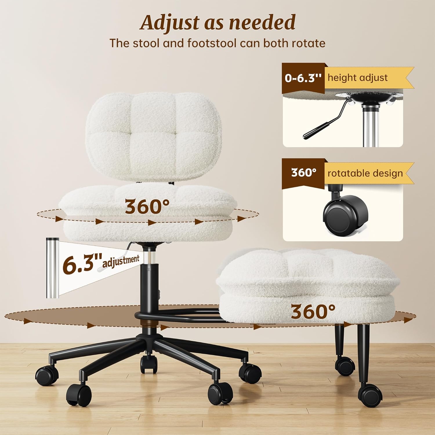 DurayLoly Cross Legged Office Chair, 360 Swivel, Folding Footrest, 5.12" Dual-Layer Plush Cushion, Height Adjustable, 300 lbs Capacity, Lumbar Support, Meditation Kneeling Chair, Off White