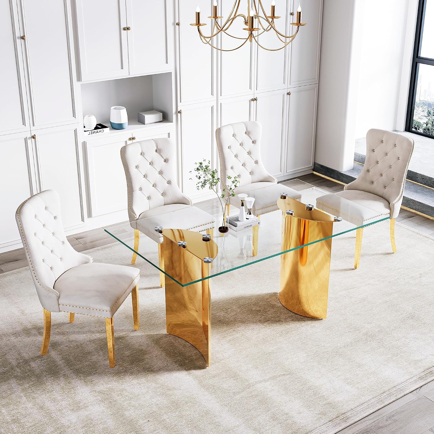 63 inch Glass Dining Table for 6,0.39 in Thick Glass Top with Gold Stainless Steel Pedestal Dining Room Table
