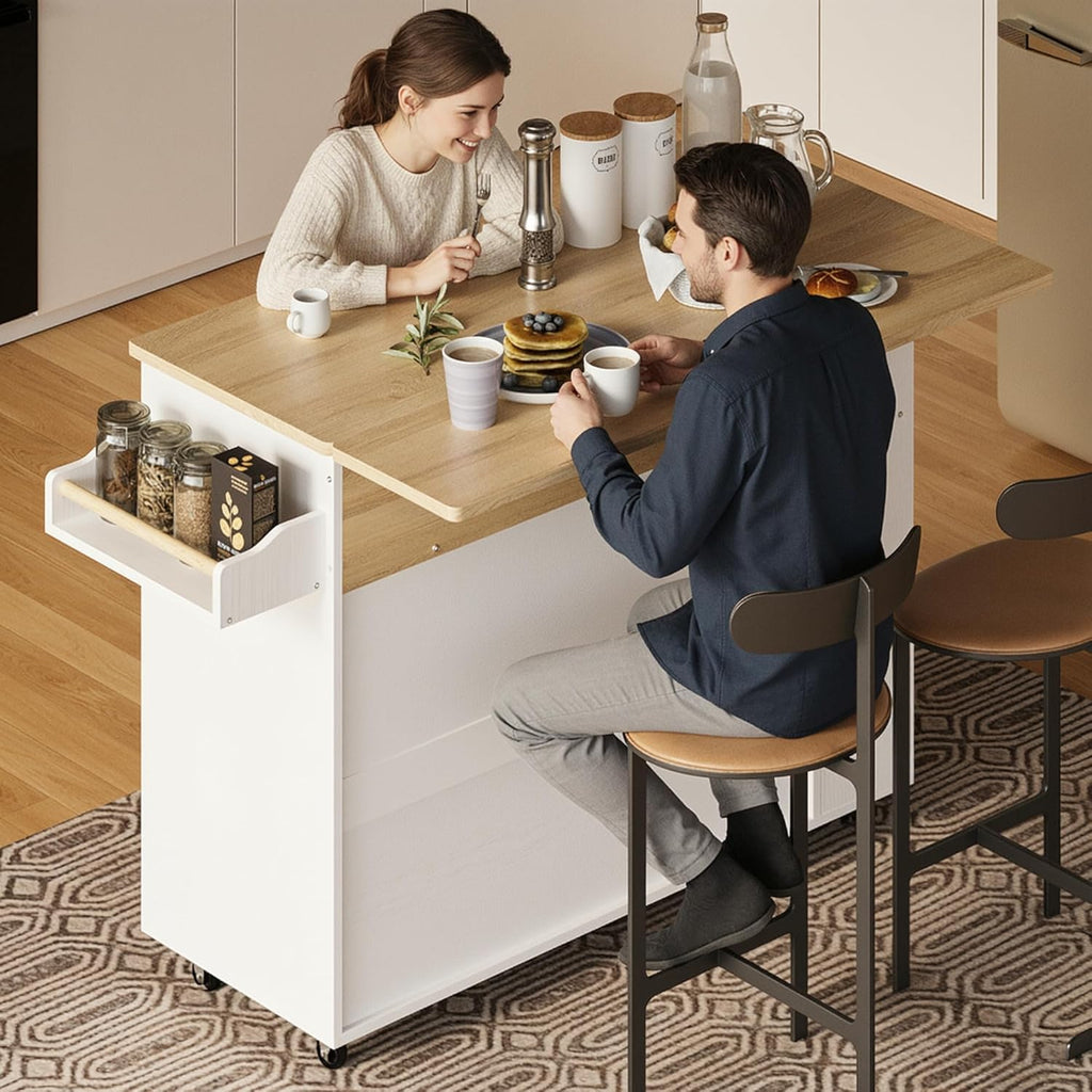 IRONCK Kitchen Island with Power Outlet & Drop Leaf, 47.2" Width Rolling Kitchen Island on Wheels with Storage, Mobile Kitchen Island Cart with Spice Rack, Open Shelves and Drawer, White