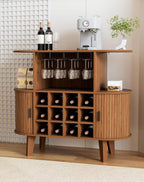 35.4" Oval Wine Bar Cabinet with 12 Racks 4 Glass Holders, Small Coffee Bar Cabinet with Sliding Tambour Door for Home, Kitchen, Living Room, Walnut
