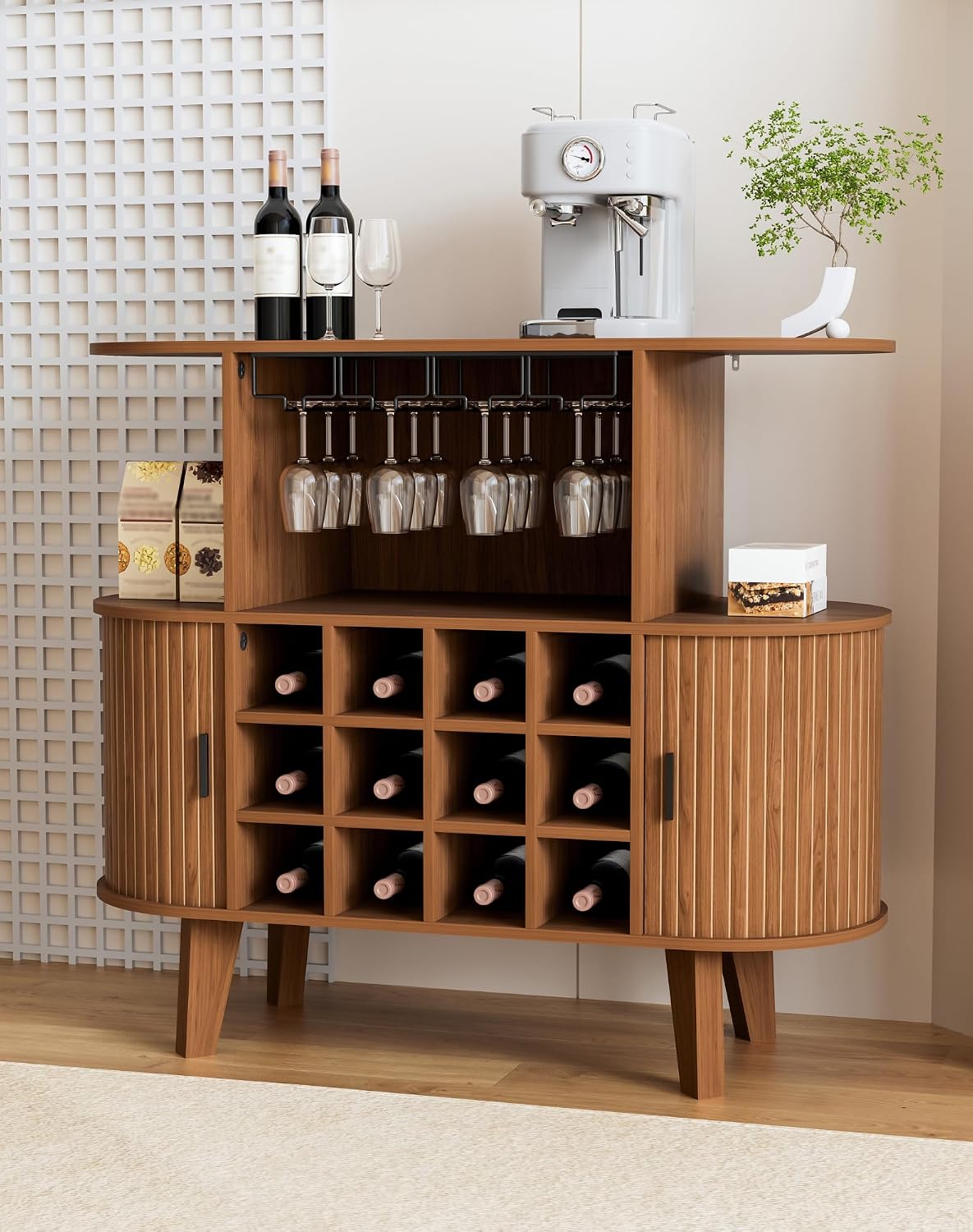 35.4" Oval Wine Bar Cabinet with 12 Racks 4 Glass Holders, Small Coffee Bar Cabinet with Sliding Tambour Door for Home, Kitchen, Living Room, Walnut