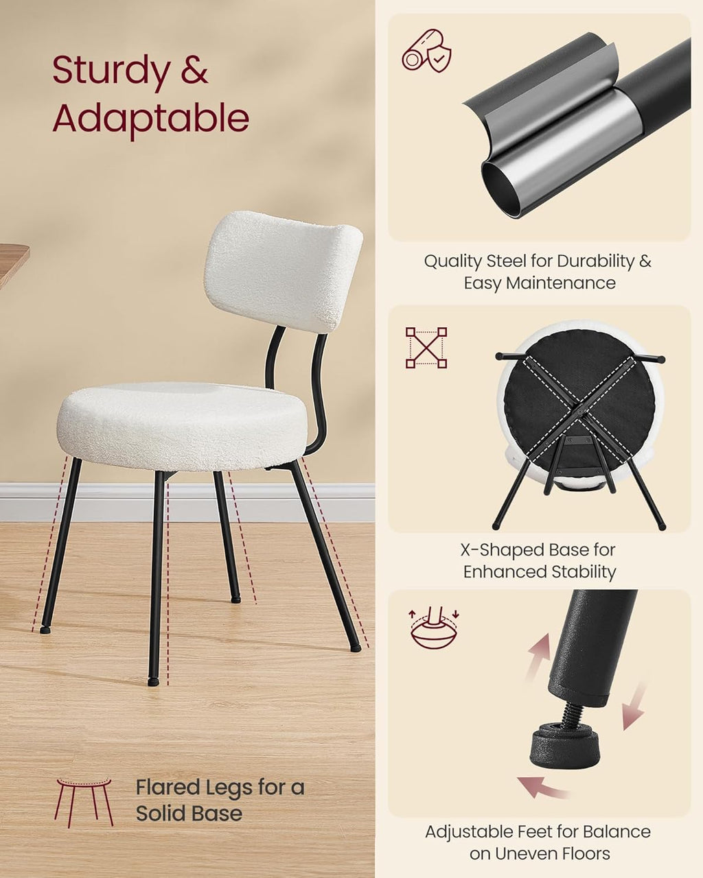 VASAGLE Boucle Dining Chairs Set of 2, Upholstered Kitchen Dining Room Chairs with Curved Backrest and Steel Frame, Modern Mid Century, Round, for Vanity, Living Room, Cream White UKDC110W01