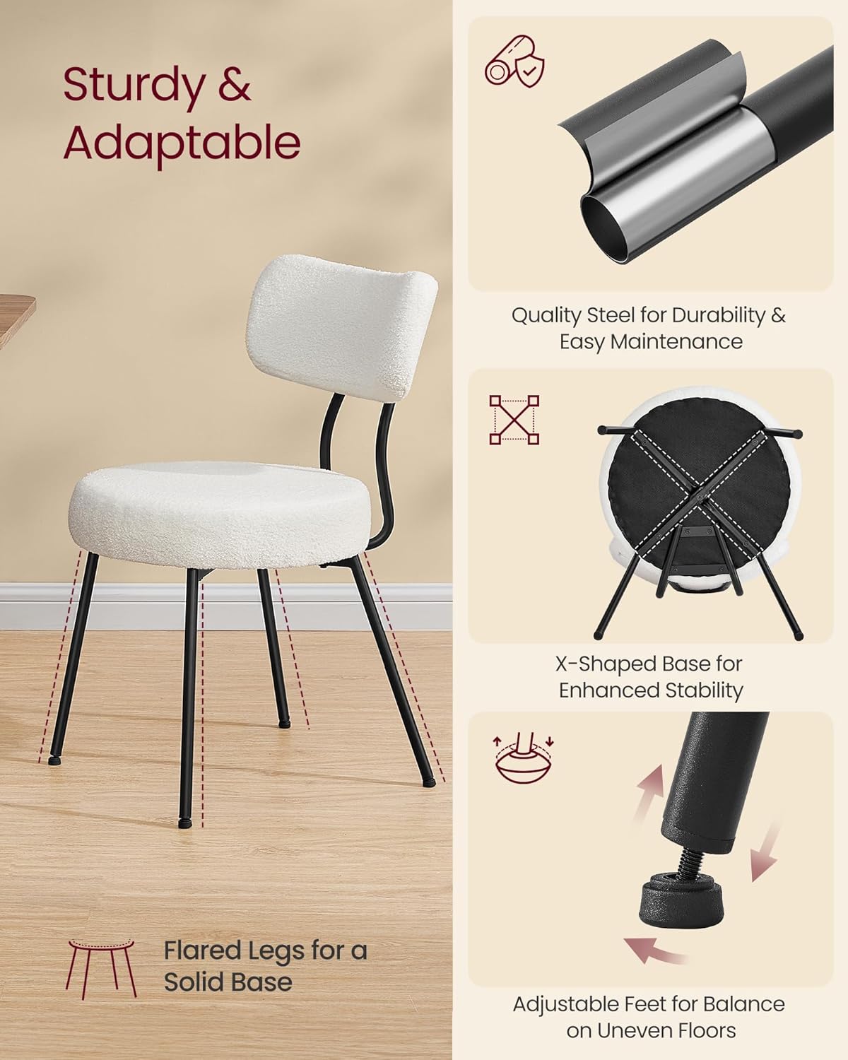 VASAGLE Boucle Dining Chairs Set of 2, Upholstered Kitchen Dining Room Chairs with Curved Backrest and Steel Frame, Modern Mid Century, Round, for Vanity, Living Room, Cream White UKDC110W01
