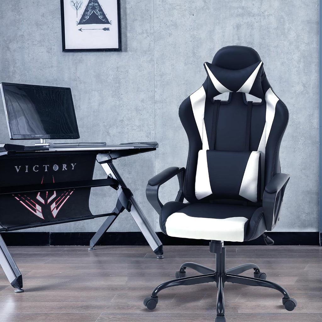 Gaming Chair, Video Game Chair, Cheap Computer Gaming Chair PU Leather High Back PC Gaming Chair Ergonomic Racing Swivel Office Desk Chair with Headrest and Lumbar Support for Adults Kids White