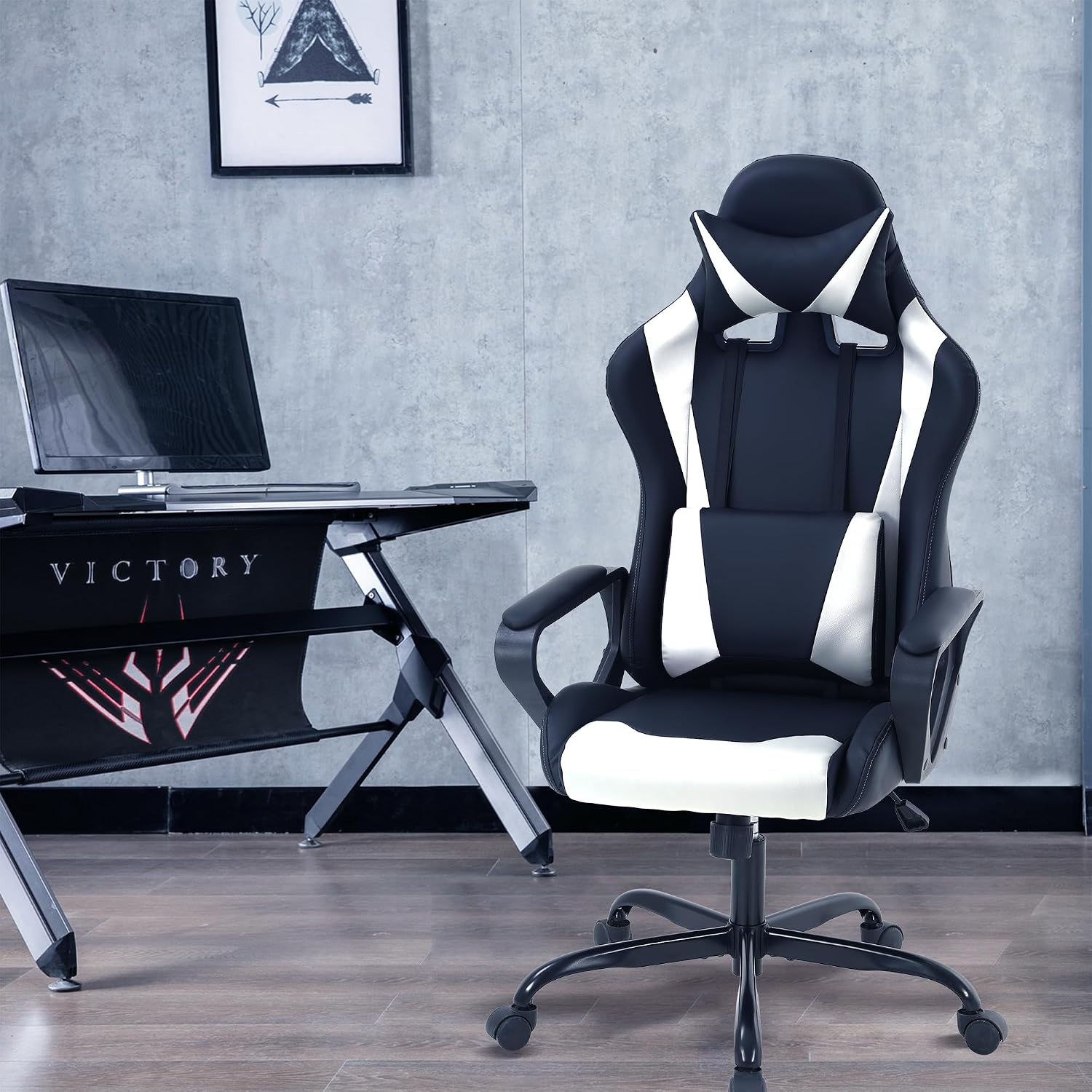 Gaming Chair, Video Game Chair, Cheap Computer Gaming Chair PU Leather High Back PC Gaming Chair Ergonomic Racing Swivel Office Desk Chair with Headrest and Lumbar Support for Adults Kids White