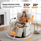 FiveWillowise Power Rocking Chair Nursery with Adjustable Armrests&Headrest, Glider Recliner Chair, Swivel Reading Chair with Electric Lumbar Support, Cup Holder, Nightlight and USB Ports,White