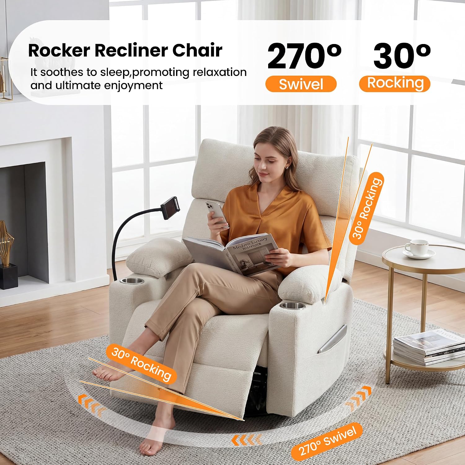 FiveWillowise Power Rocking Chair Nursery with Adjustable Armrests&Headrest, Glider Recliner Chair, Swivel Reading Chair with Electric Lumbar Support, Cup Holder, Nightlight and USB Ports,White