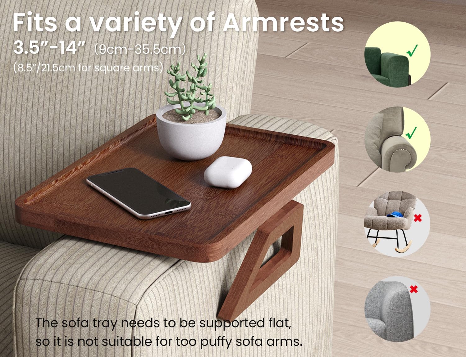 2 Pack Couch Arm Tray,Bamboo Folding Sofa Tray,Sofa Armrest Tray Clip-On Couch Desk for Drinks,Snacks,Phone,Remote Control（Brown）