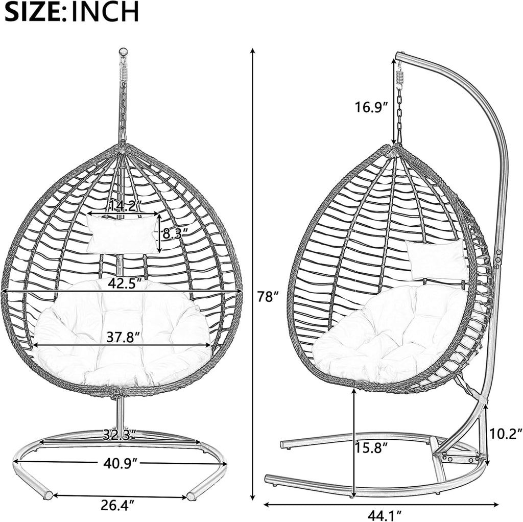 Mirightone Hanging Egg Chair with Stand, Foldable Wicker Egg Swing Chair for Patio Porch Balcony Bedroom, HDPE Rattan Hanging Chair with Plush Cushion, Removable Headrest & Adjustable Feet,Brown+Grey