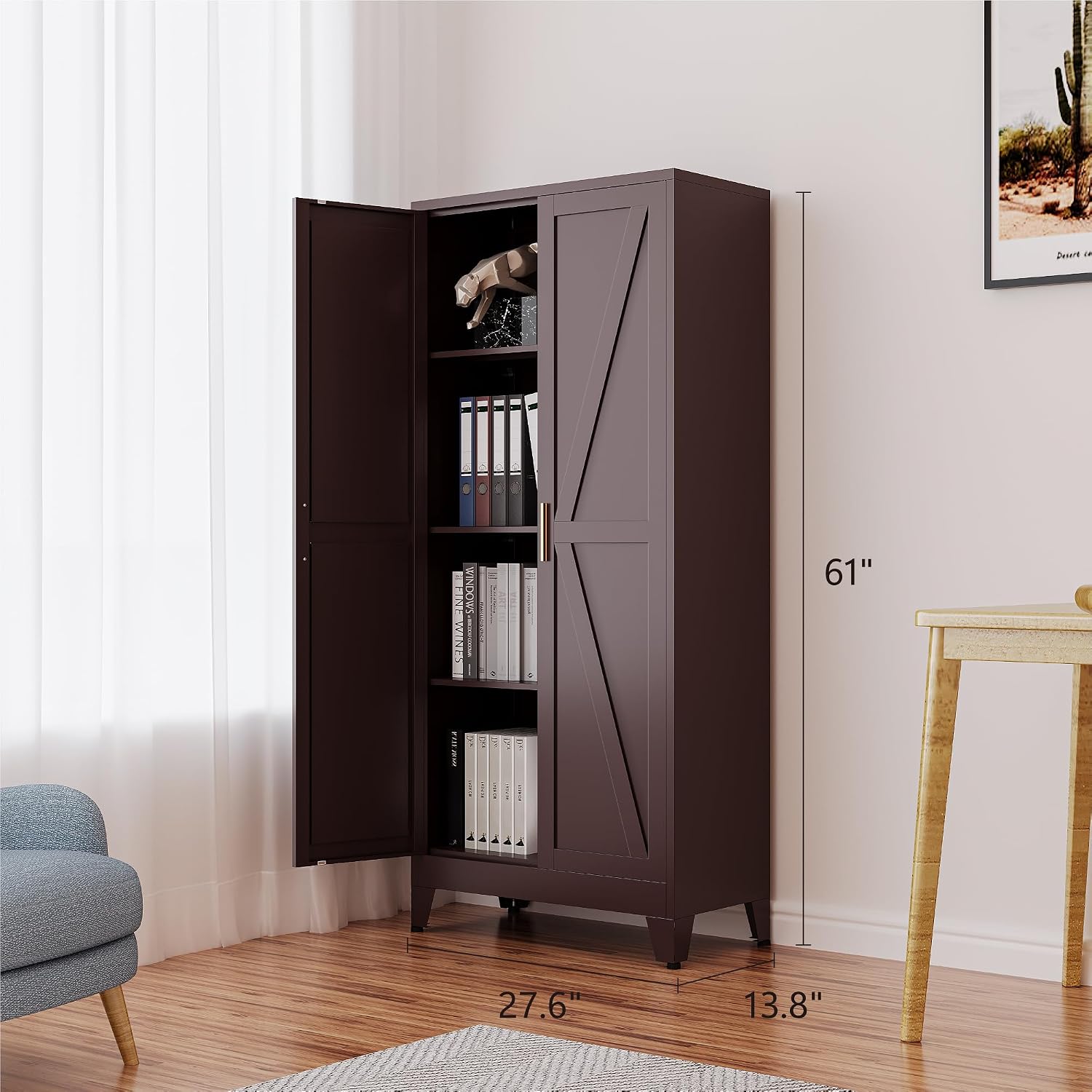 Washsemba 61" Tall Farmhouse Metal Pantry Cabinet, Kitchen Pantry Storage Cabinets with 2 Barn Door and Adjustable Shelves,for Kitchen,Laundry Room,Home Office,Kids Room （Burgundy）