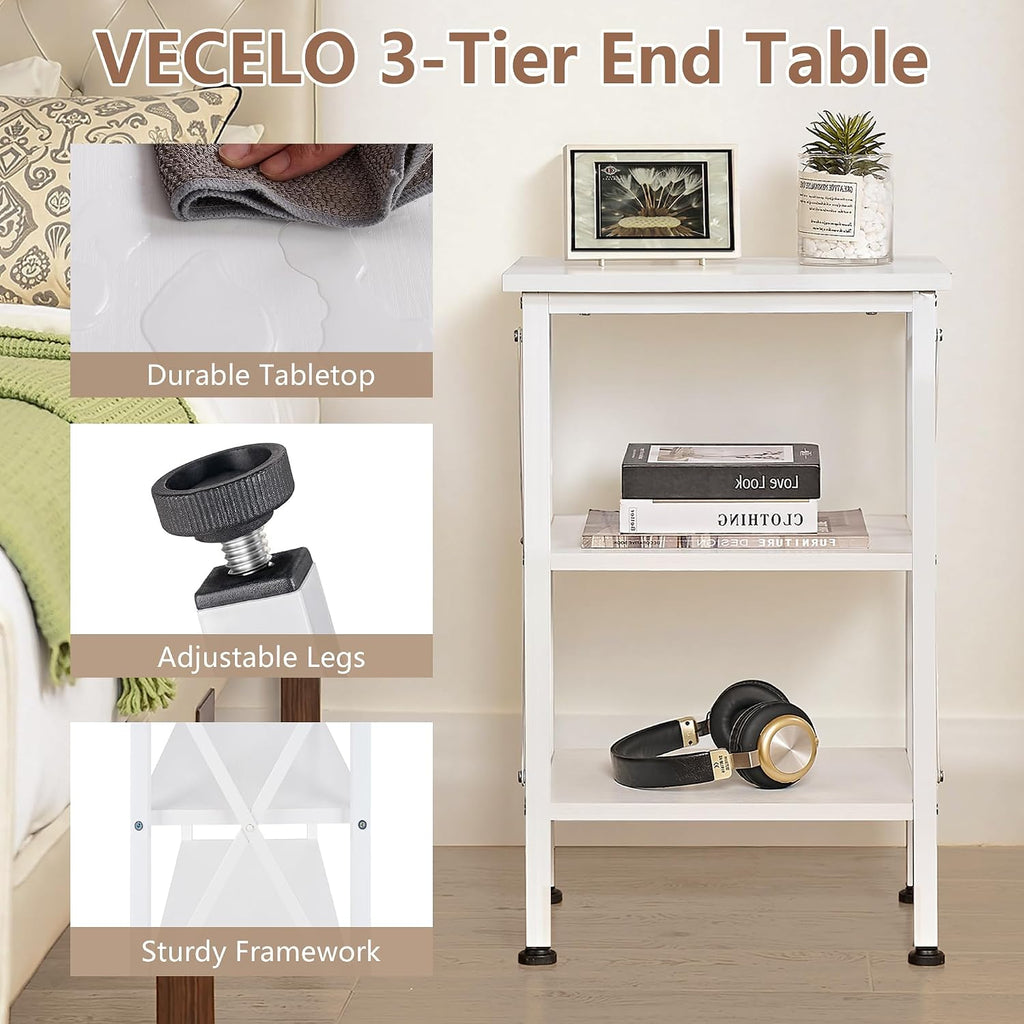 VECELO End Table, 24" Tall Living Room Side Tables, X-Design Reinforced Bedside Table, Nightstands with 3-Tier Storage Shelves for Small Spaces, Office, Bathroom, Bedroom, Pearl White, 1 Pack