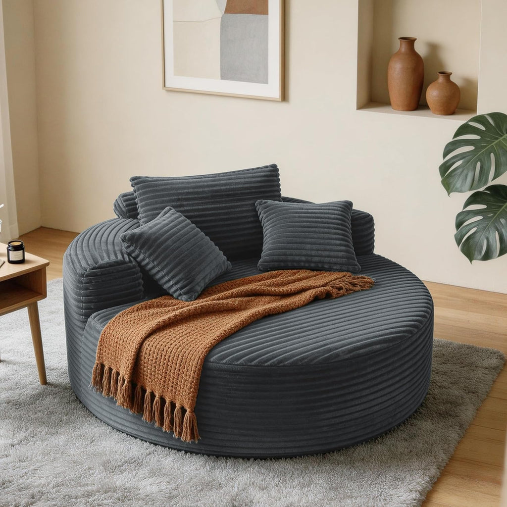 Garvee 55'' Oversized Round Chaise Lounge Chair Indoor, Upholstered Corduroy Cloud Circle Chair with 3 Pillows, Deep Seat Circle Single Cloud Lounge for Living Room, Grey