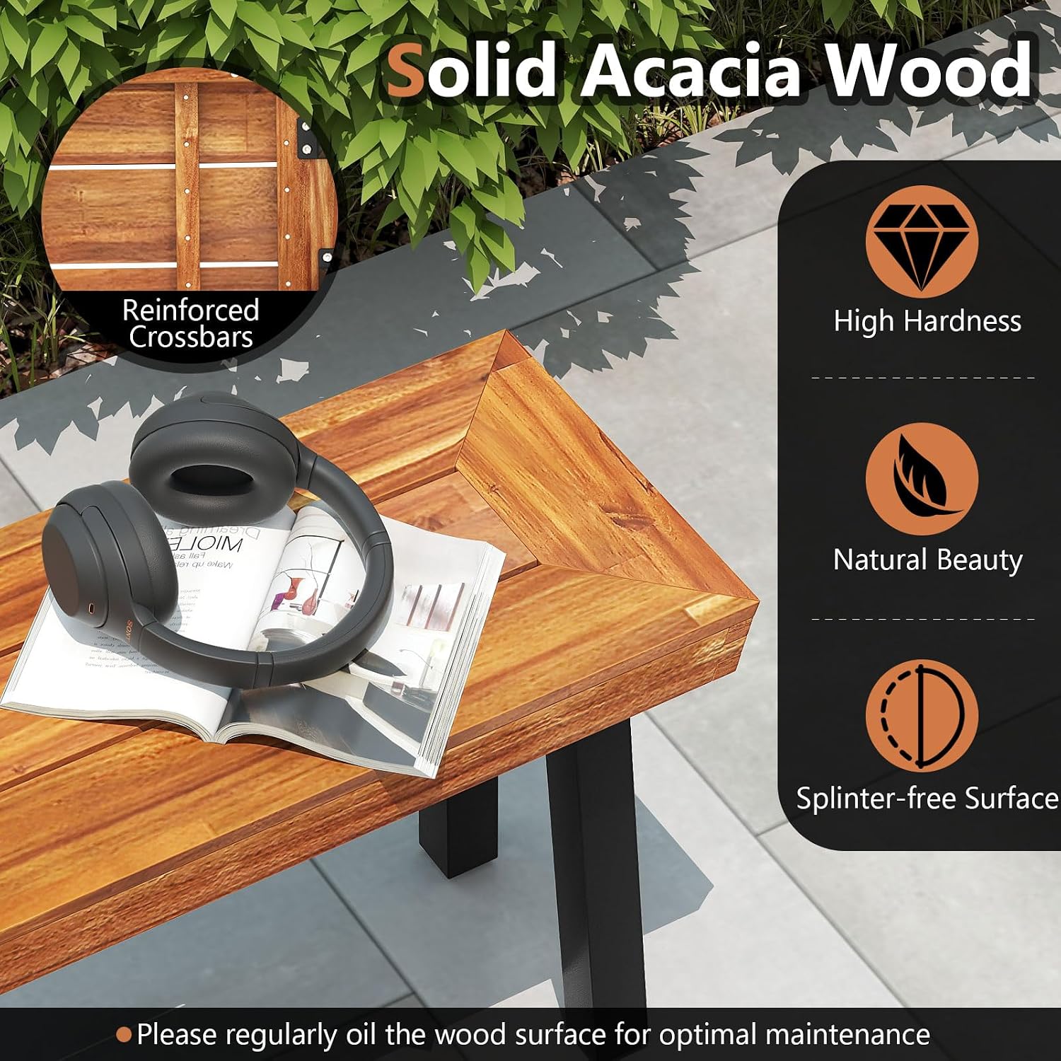 RELAX4LIFE 60’’ Outdoor Bench Acacia Wood, 3-Person Backless Patio Benches with Heavy Duty Metal Frame, Wooden Picnic Dining Garden Bench for Outside Backyard Park Porch, 800 LBS Weight Capacity