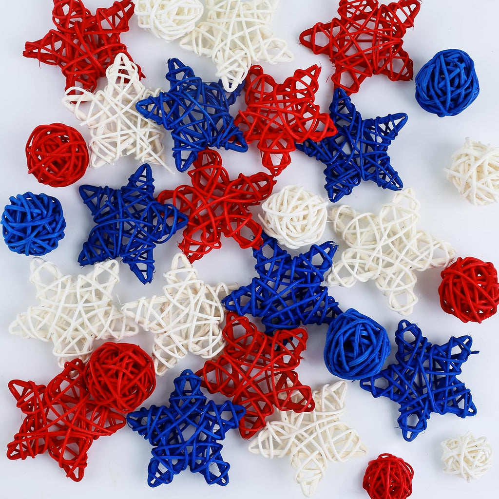 4th of July Star Rattan Balls 27Pcs Patriotic Wicker Stars Red Blue White Wicker Ball 4th of July Vase Filler for Independence Day Home Decor DIY Vase Bowl Filler Ornament Table Decors