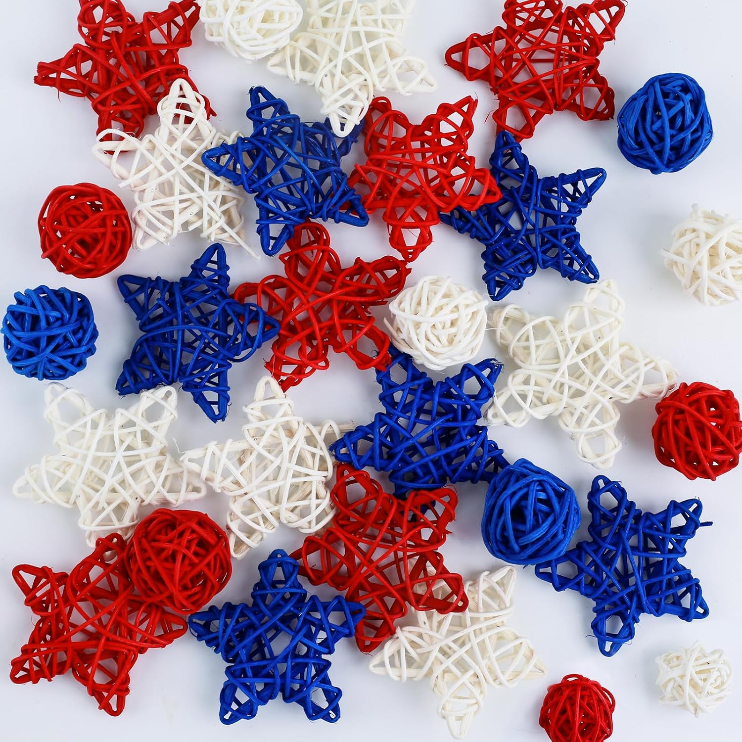 4th of July Star Rattan Balls 27Pcs Patriotic Wicker Stars Red Blue White Wicker Ball 4th of July Vase Filler for Independence Day Home Decor DIY Vase Bowl Filler Ornament Table Decors