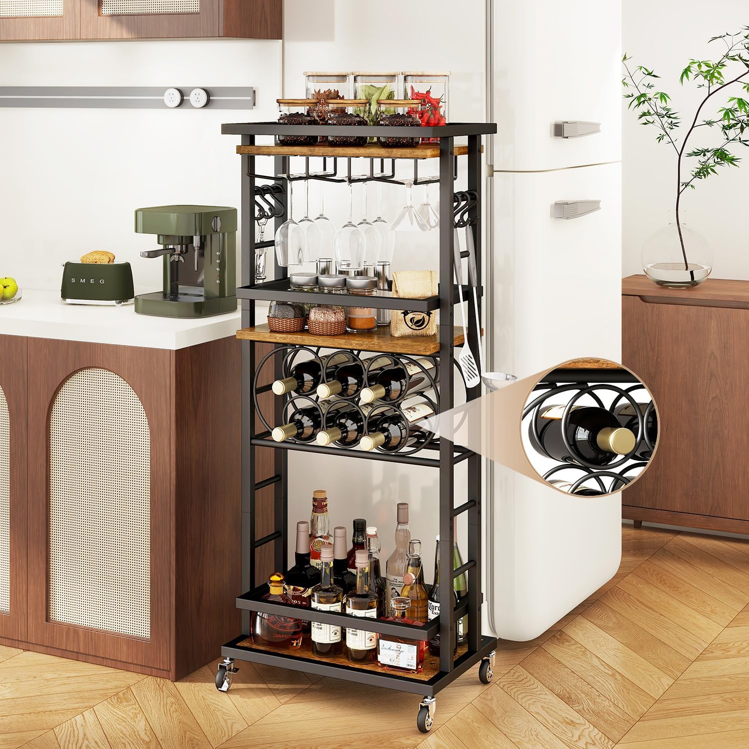 IBUYKE 4-Tier Wine Rack with Wheels,Bar Cart,Brown TMJ912H | Wine Car Cabinet Wine Rack Freestanding Floor Versatile Wine Bottle Display Shelf,Mini Bar for Home Living Room