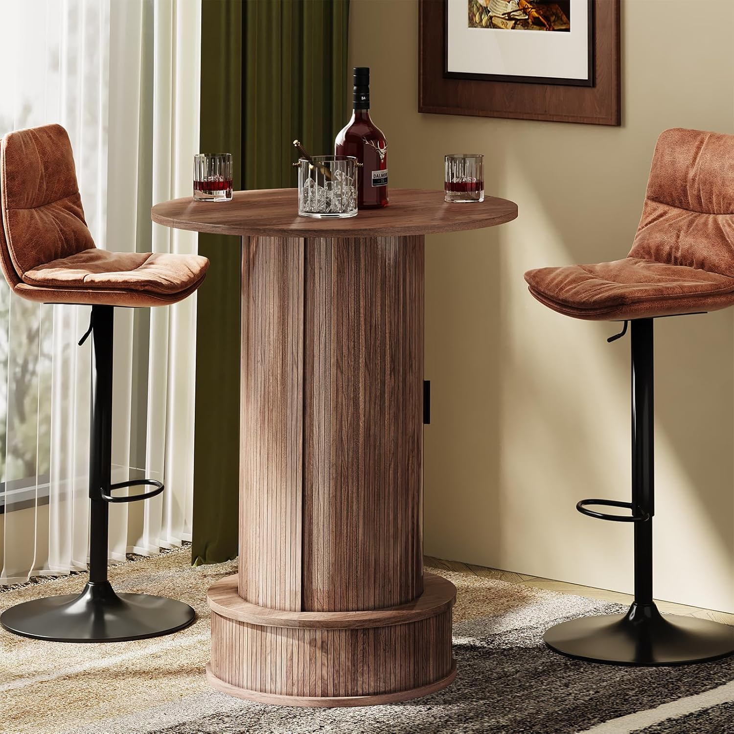Round Bar Table with 2-Tier Hidden Storage, 38.1" H Wood High Top Table, Bistro Pub Table with Footrest, Cocktail Tables for Coffee Bar, Kitchen Dining Room, Small Space (Walnut)