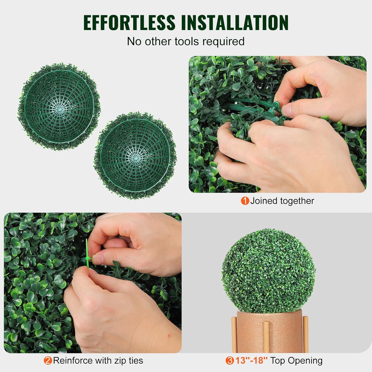VEVOR 2 Pcs 20” Artificial Plant Topiary Ball, Faux Boxwood Balls with 2 LED Light String, All-Year Green Faux Plant Decorative Balls for Backyard, Balcony,Garden, Wedding and Home Décor