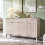 OKD Fluted Storage Cabinet with Drawers, 60" Morden Buffet Sideboard Coffee Bar Cabinet with 4 Doors and 3 Drawers for Dining Room, Living Room,Hallway (White Alder)