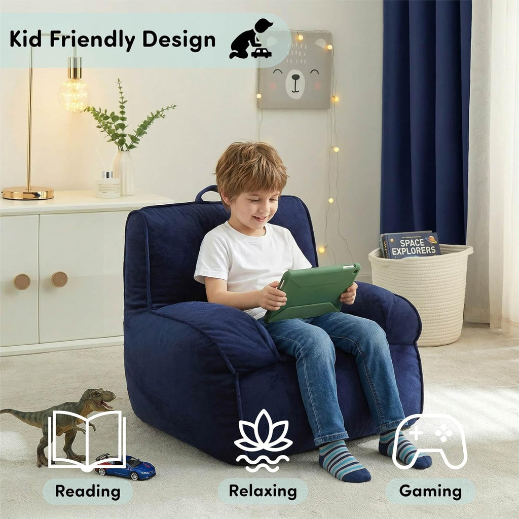 Heritage Kids Pod Square Back Kids Bean Bag Chair, Soft Plush Lounge Seat for Bedroom or Playroom, Navy