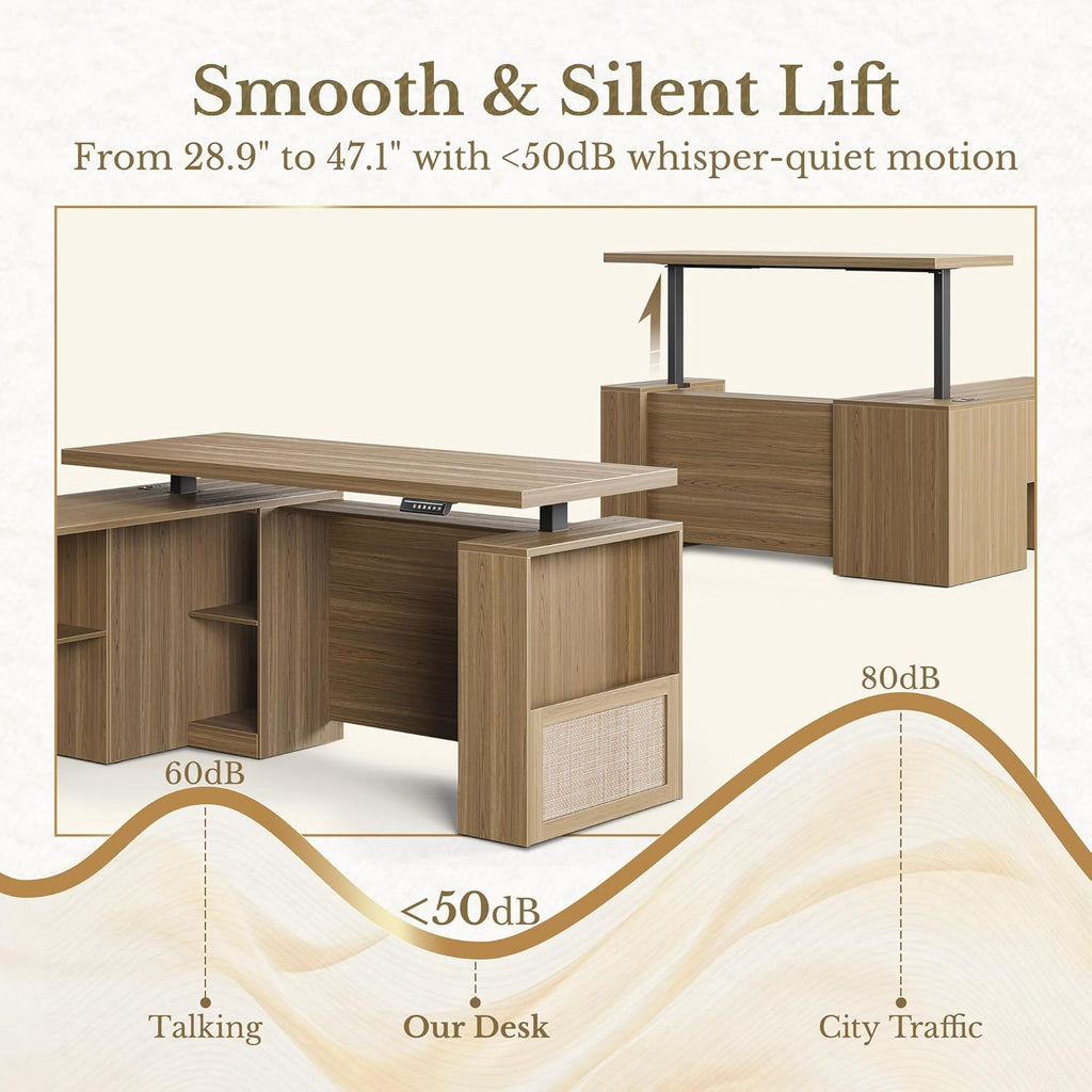 63 Inches L Shaped Standing Desk, Executive Standing Desk with Drawers and File Cabinet, AC/USB, 1.18" Desktop, Multi-Sized Storage Cubby, Privacy Panel, Rattan Computer Desk, Natural Oak