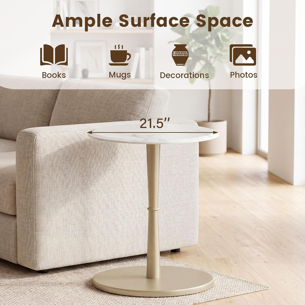 Giantex Round Marble Side Table, Modern Sofa Couch End Table w/Stone Finish & Wooden Pedestal, Coffee Drink Tables, Accent Bedside Night Stand for Bedroom Living Room Small Spaces (White & Gold,1)