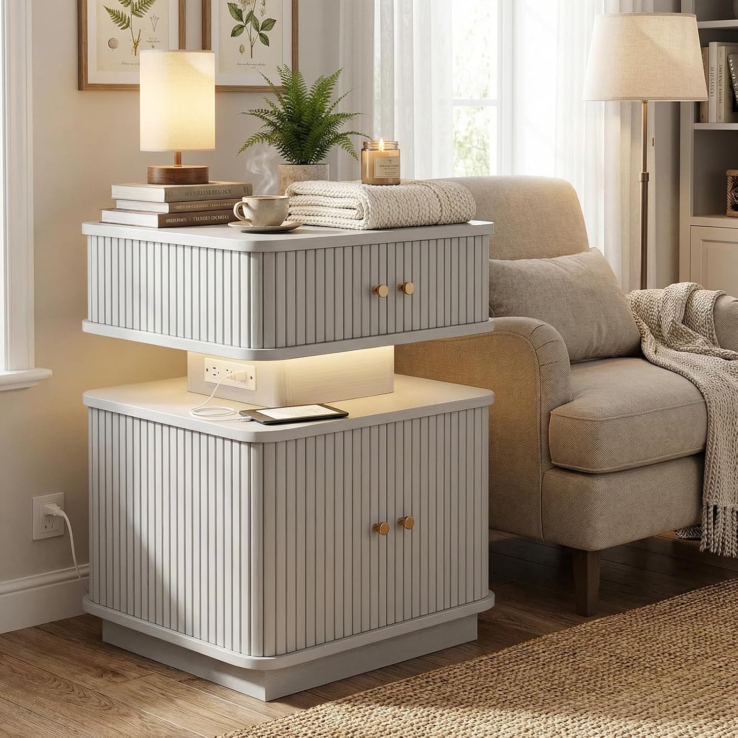 Nightstands Set of 2 with Charging Station, Modern Night Stands Set 2 with Smart Led Light and Small Sliding Door Cabinets, Curvy Edge, Bedside Table for Bedroom, Grey