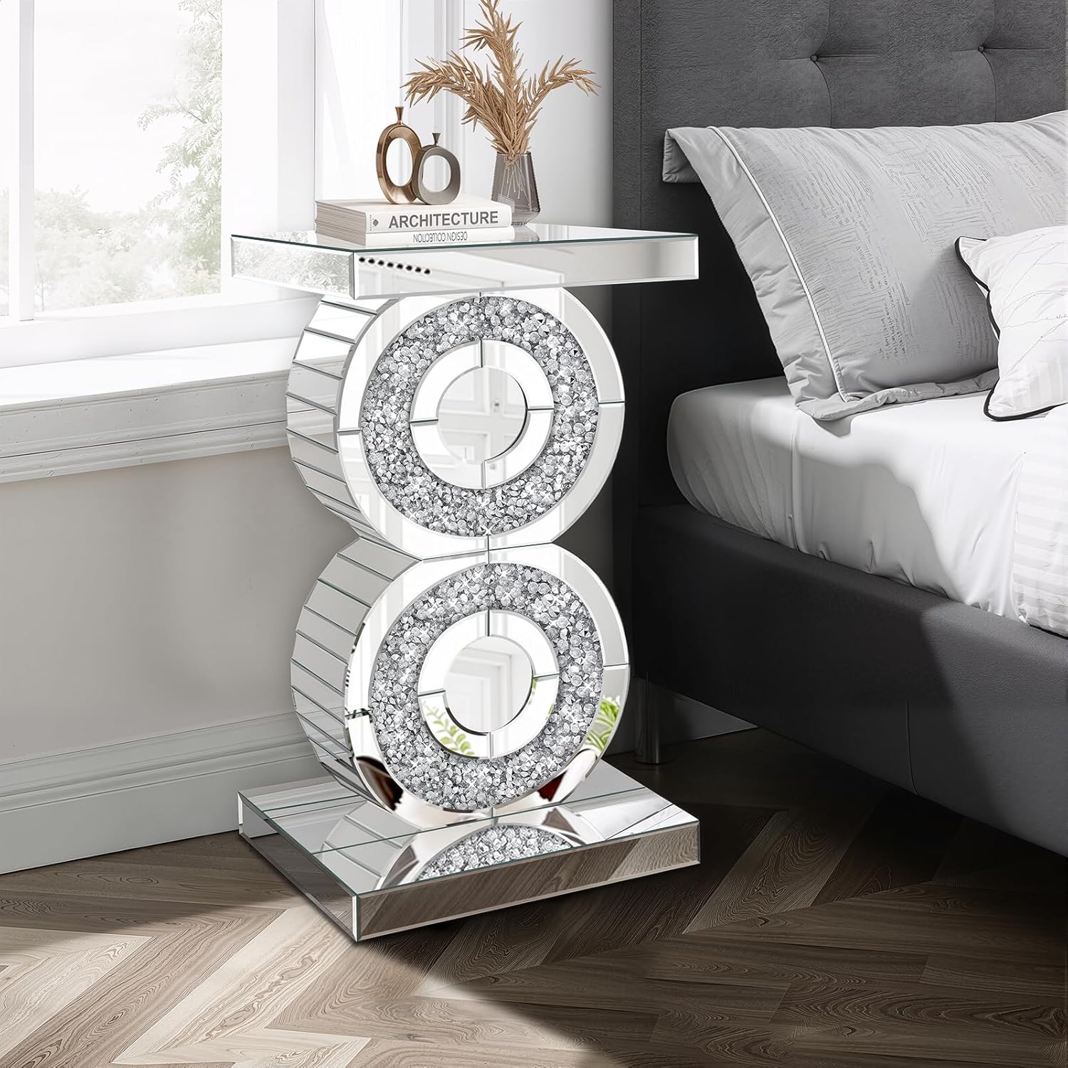 Pregaspor Crushed Diamond Mirrored End Table, Unique Side Table with Crystal Inlay,Coffee Table for Living Room Bedroom