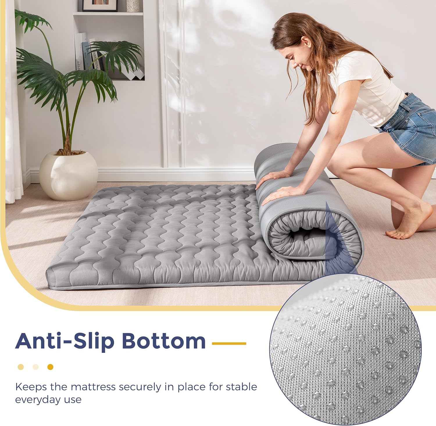 MAXYOYO Japanese Floor Futon Mattress Full Size, 3" Thicken Tatami Sleeping Pad Foldable Roll Up Mattress, Portable Floor Mattress Pad for Adults, Guest Room, Camping, Grey