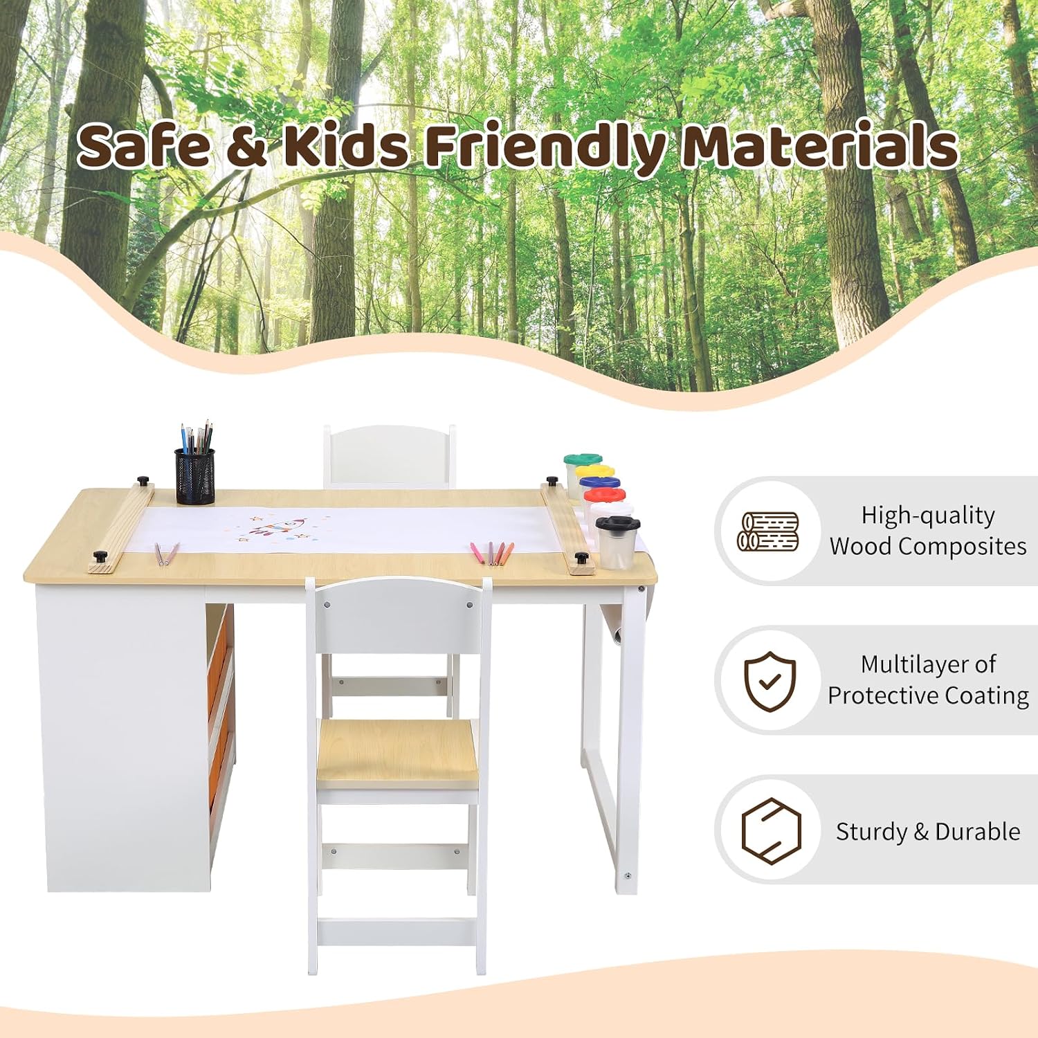 Garvee 4 in 1 Kids Art Table and Chair Set, Toddler Craft Table with Large Storage Drawers & Portable Art Organizer, Wooden Drawing Desk for Children, Activity Desk, Home Study Table & Toy Station
