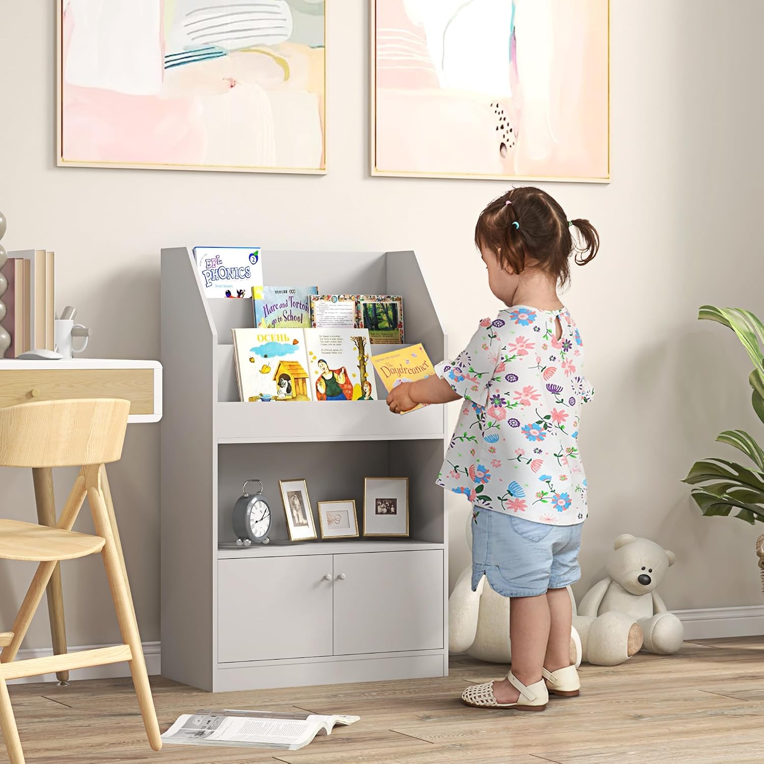 Toy Storage Cabinet, Bookcase Bookshelf for Room, Bedroom, Playroom, Nursery, Gray