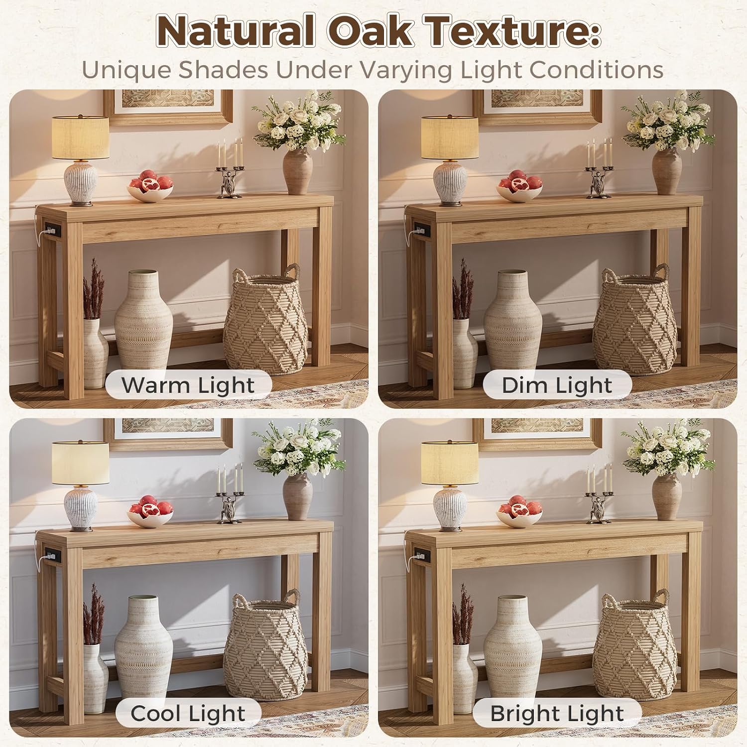 Cyclysio 47" Console Tables for Entryway, Narrow Console Tables for Living Room, Behind Couch Table, Sturdy Wood Support Hallway Table with 3AC+2USB Charging‌ Station, Natural Oak