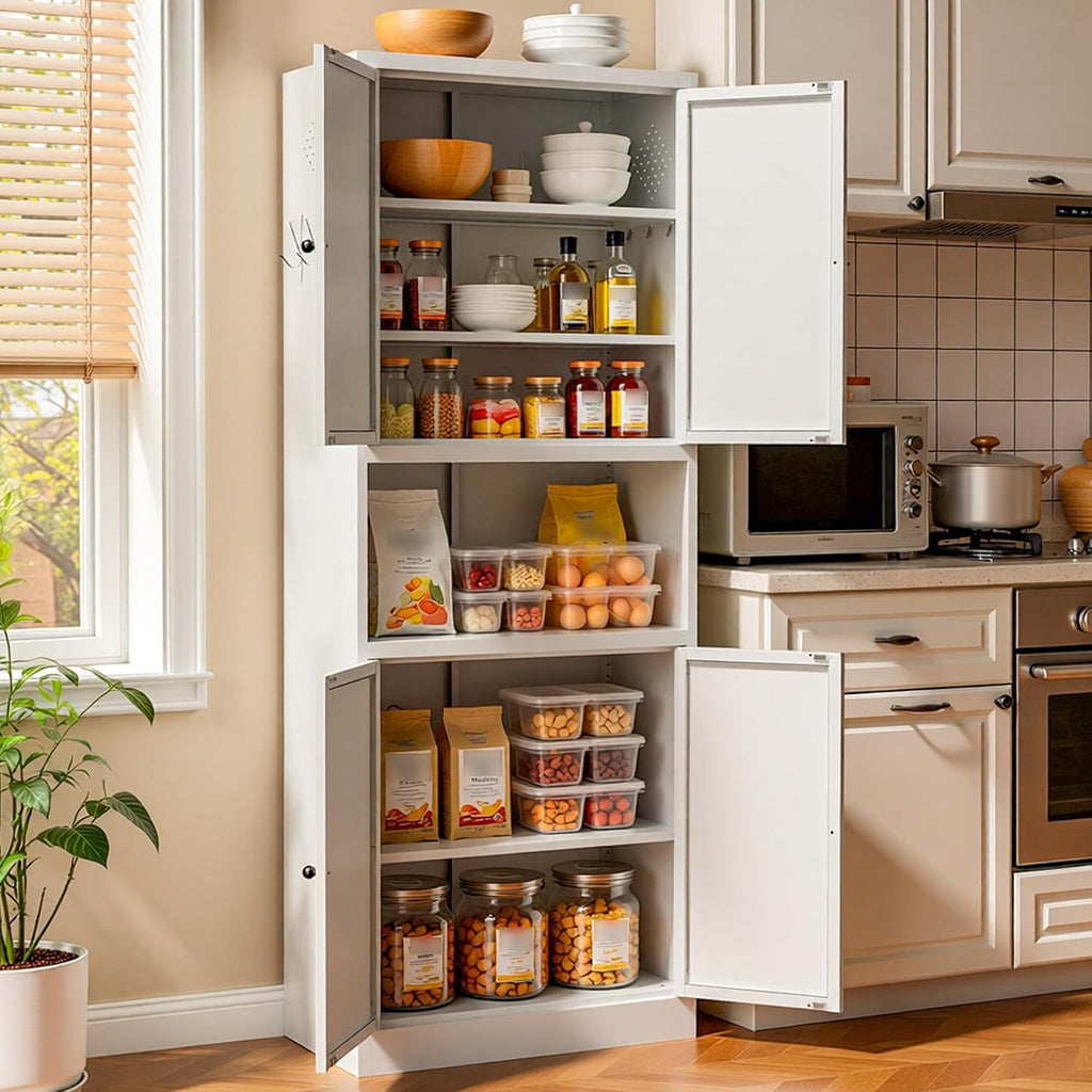 AQY Kitchen Pantry Cabinet,72" White Pantry Cabinet 3-Tier Adjustable Shelves 4 Doors, Freestanding Cupboard with Microwave Stand, Metal Cabinet with Handle for Living Room Kitchen Assembly Required