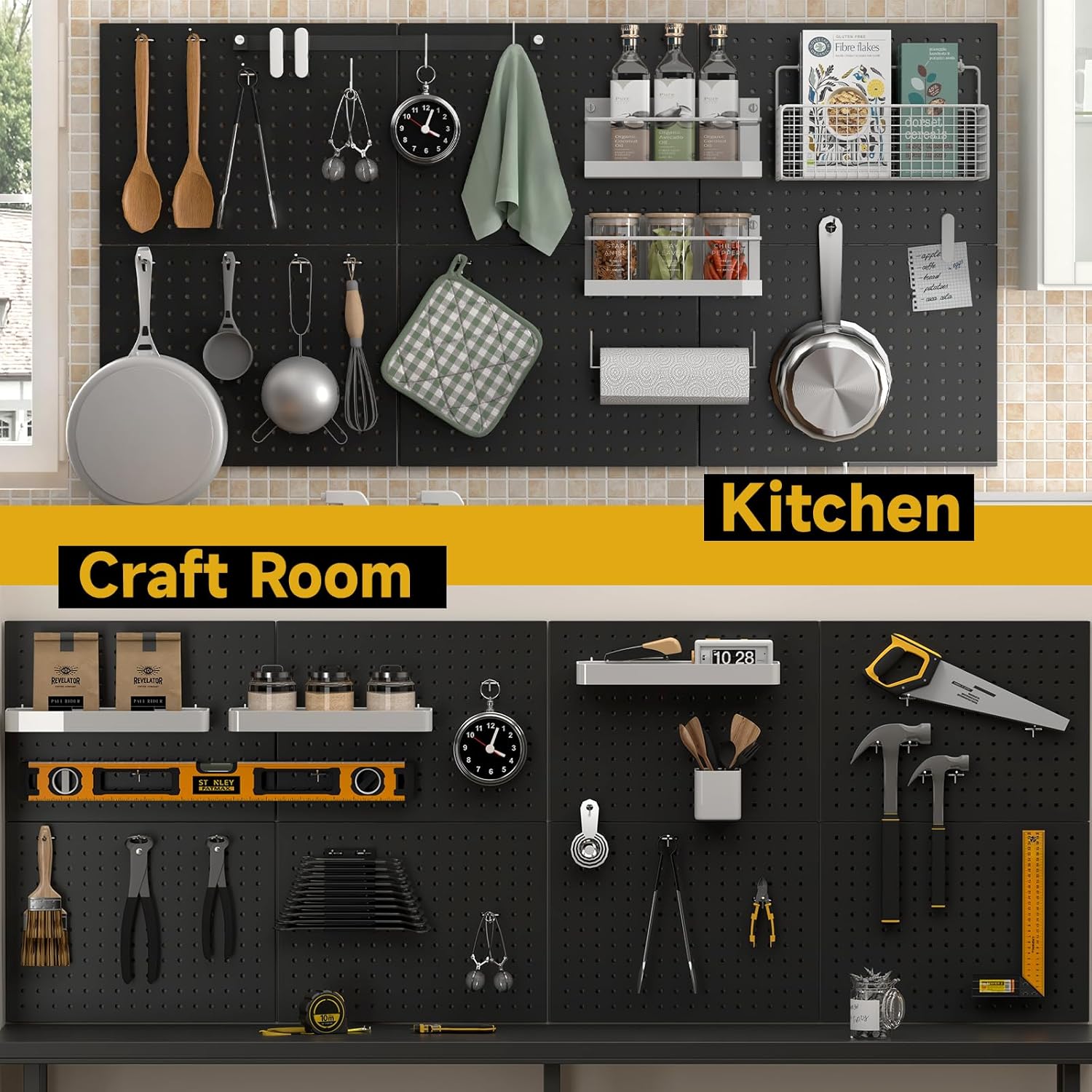 74PCS Pegboard Wall Organizer, 4 Pack Metal Pegboard Panels with 70 Hooks, 32" x 24" or 64" x 12" Black Peg Board for Walls, Garage, Craft Room, Cold-Rolled Steel