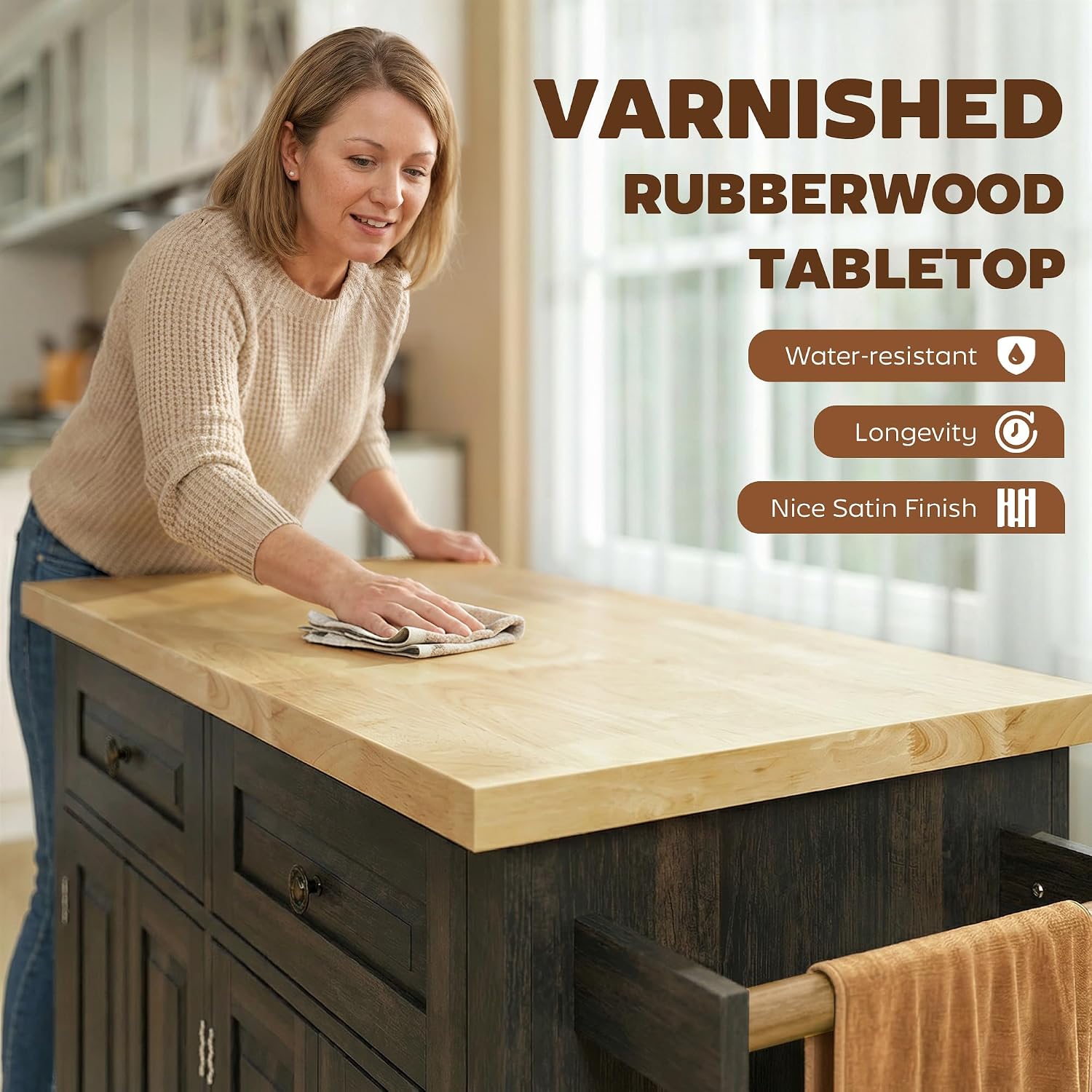 HOMCOM Kitchen Island Cart with Solid Wood Top 44" Mobile Brown Oak | Kitchen Island Table, on Wheels, Storage Cabinets, 2 Drawers, Adjustable Shelves, Spice Rack & Towel Bar, for Dining Room