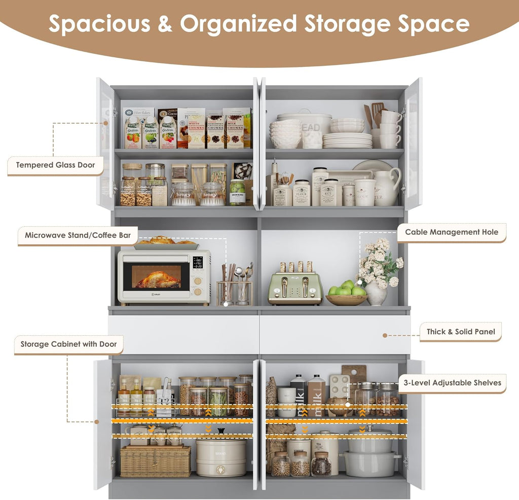 Keyluv 75" x 55" Kitchen Pantry Storage Cabinet with Glass Doors and Drawers, Wide China Cabinet Hutch with Microwave Stand Coffee Bar, Food Pantry with Hutch Shelf for Dining Room, White/Grey