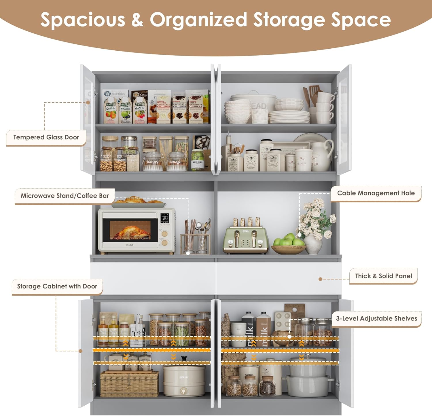 Keyluv 75" x 55" Kitchen Pantry Storage Cabinet with Glass Doors and Drawers, Wide China Cabinet Hutch with Microwave Stand Coffee Bar, Food Pantry with Hutch Shelf for Dining Room, White/Grey