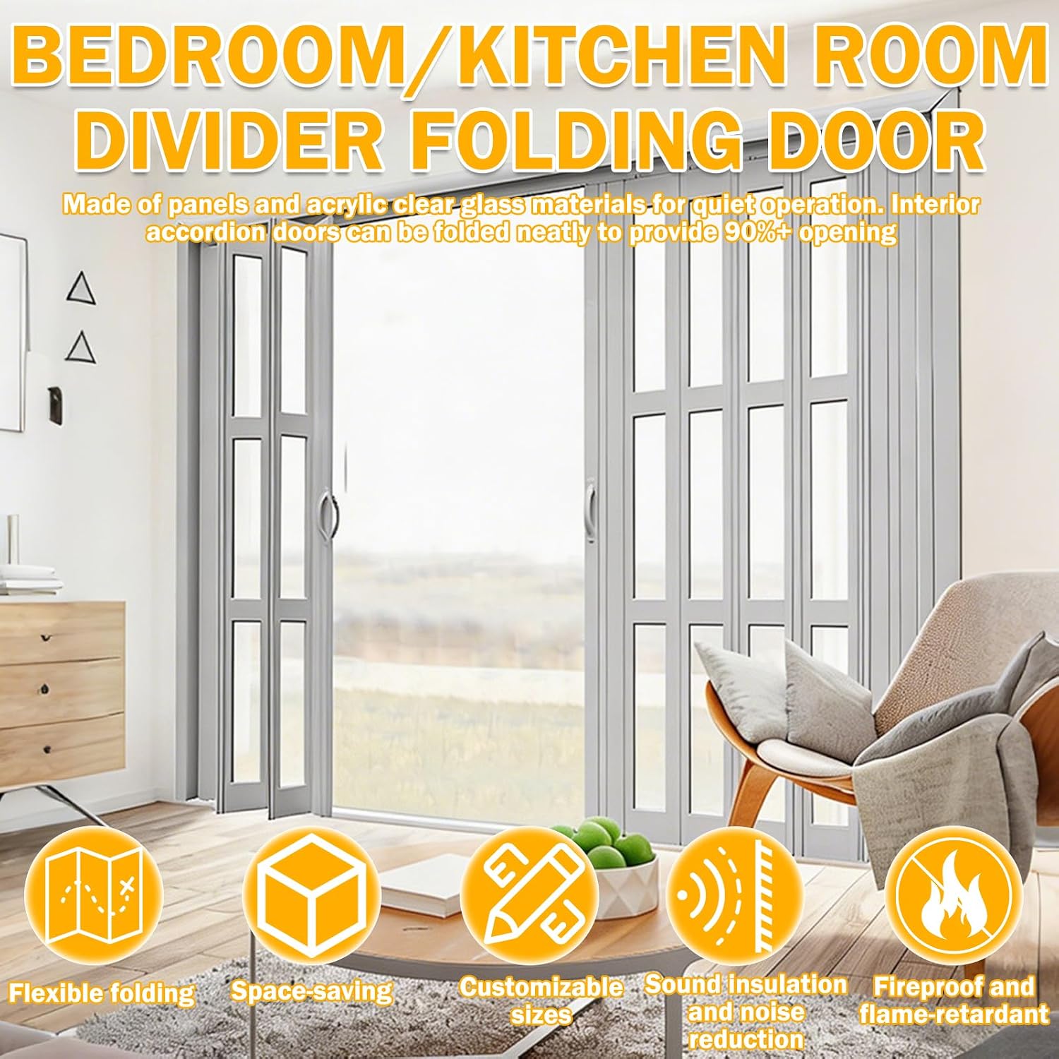 Sliding Accordion Doors with Handles & Acrylic Glass, PVC Waterproof Accordion Door, Double Walled Heavy Duty Doors Folding Double Doors for for Office Bathroom Room Divider, 78" Wx94 H