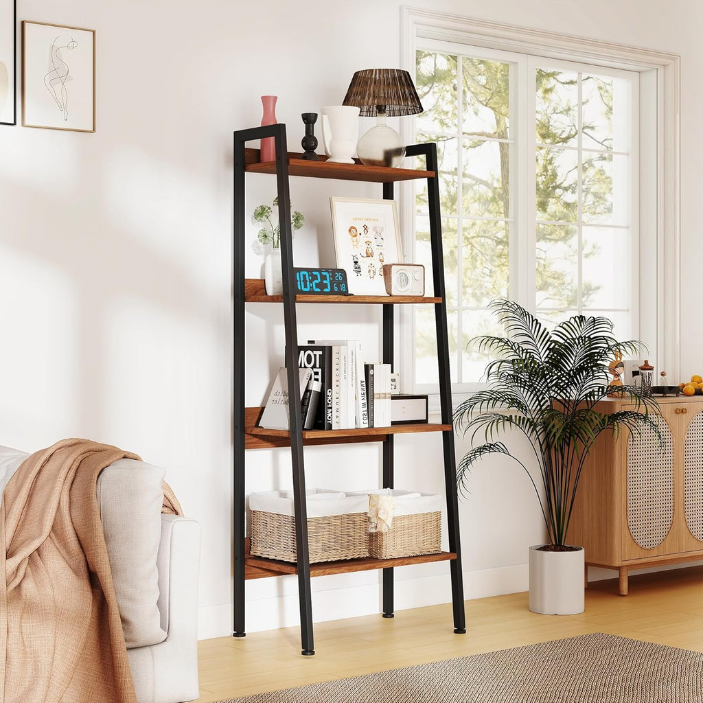 Ladder Shelf, 4 Tier Bookshelves, Open Bookcase,Home Office Storage Organizer, Free-Standing Shelf Unit for Bedroom,Living Room&Home Office, Walnut