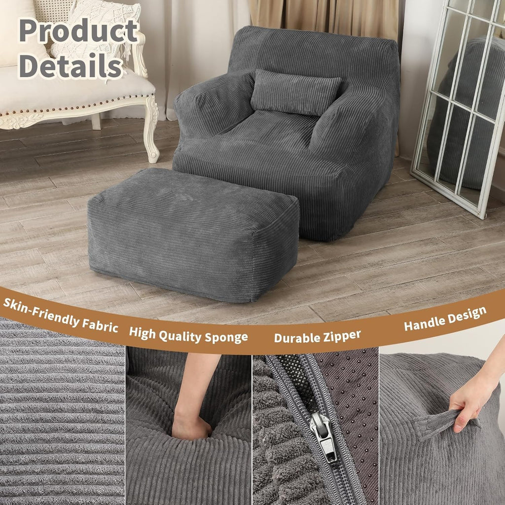 LOVMOC Bean Bag Sofa Chair with Ottoman, Comfy Floor Couch, Oversized Reading Chair for Bedroom, Dorm Room, Living Room, Darkgrey