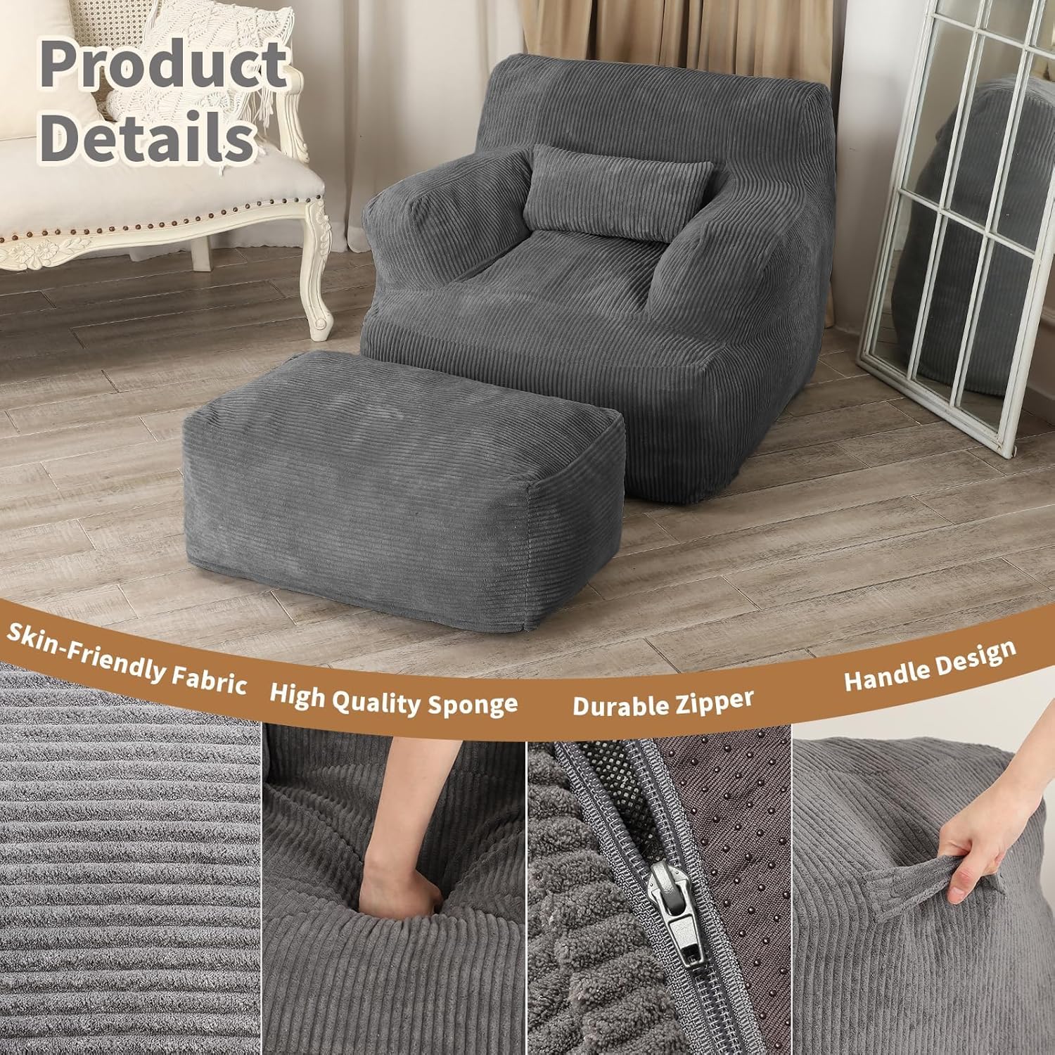 LOVMOC Bean Bag Sofa Chair with Ottoman, Comfy Floor Couch, Oversized Reading Chair for Bedroom, Dorm Room, Living Room, Darkgrey