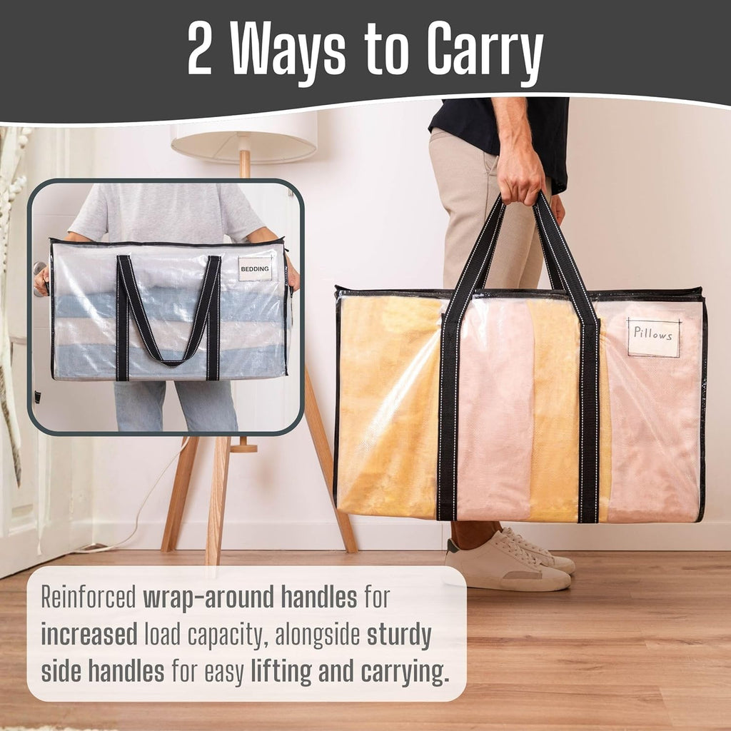 VENO 2 Pack Clear Moving Bags Heavy Duty, 90L Extra Large Transparent Storage Bags, 50lbs Loads, Zippers, Handles & Tag, Moving Boxes Alternative for College Dorm Essentials, Closet