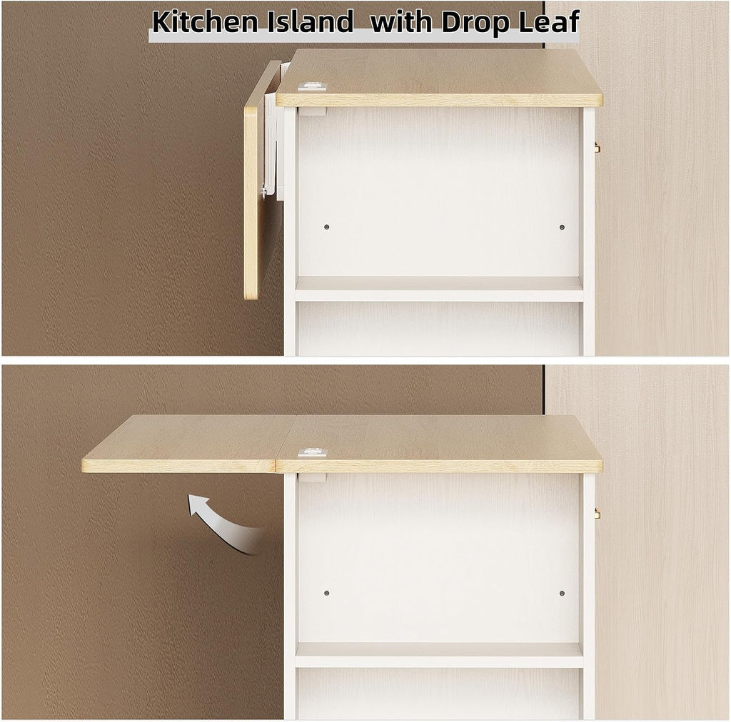 IRONCK Kitchen Island with Power Outlet & Drop Leaf, 47.2" Width Rolling Kitchen Island on Wheels with Storage, Mobile Kitchen Island Cart with Spice Rack, Open Shelves and Drawer, White
