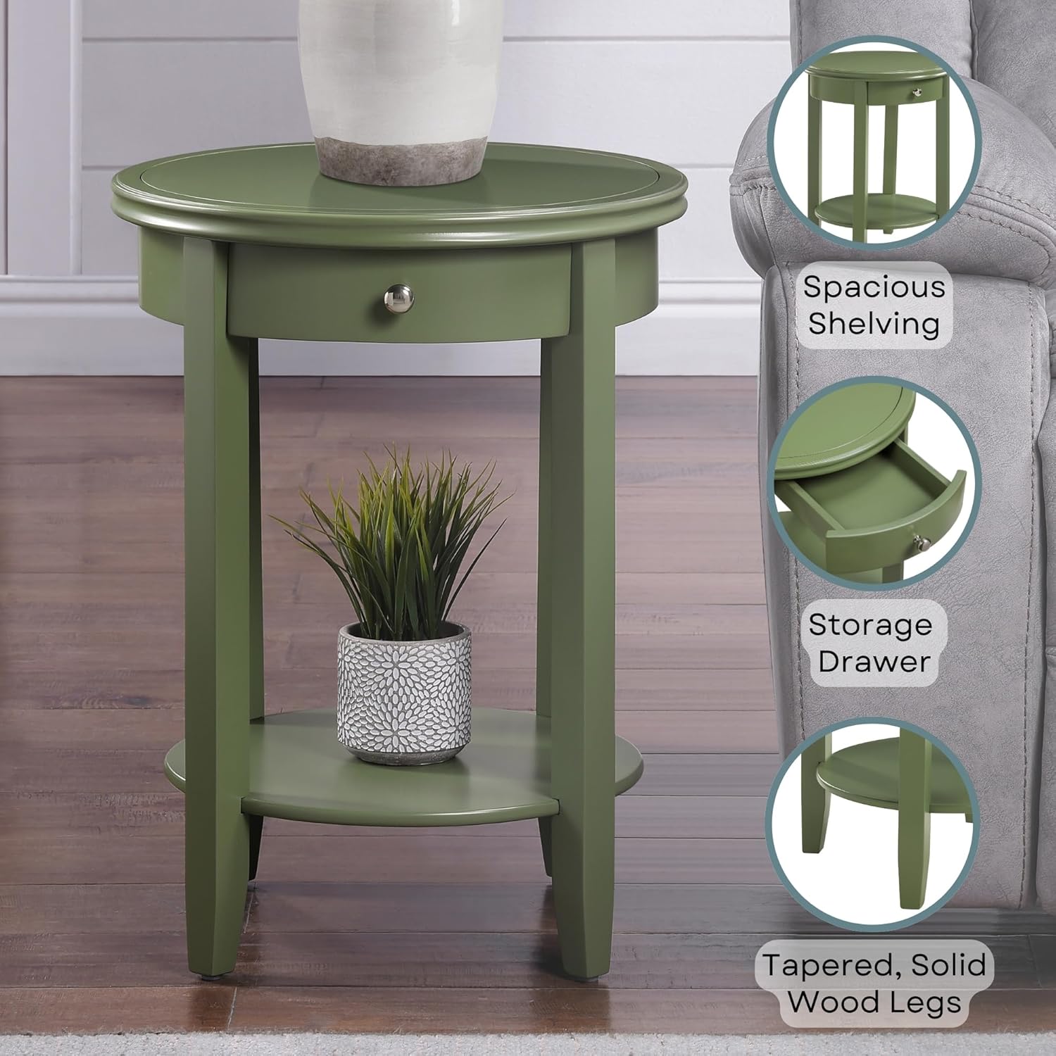 Convenience Concepts American Heritage Baldwin End Table 18.25" - Round Classic Side Accent with Storage Drawer & Shelf for Farmhouse Living or Family Room, Bedroom Nightstand, Dark Sage Green