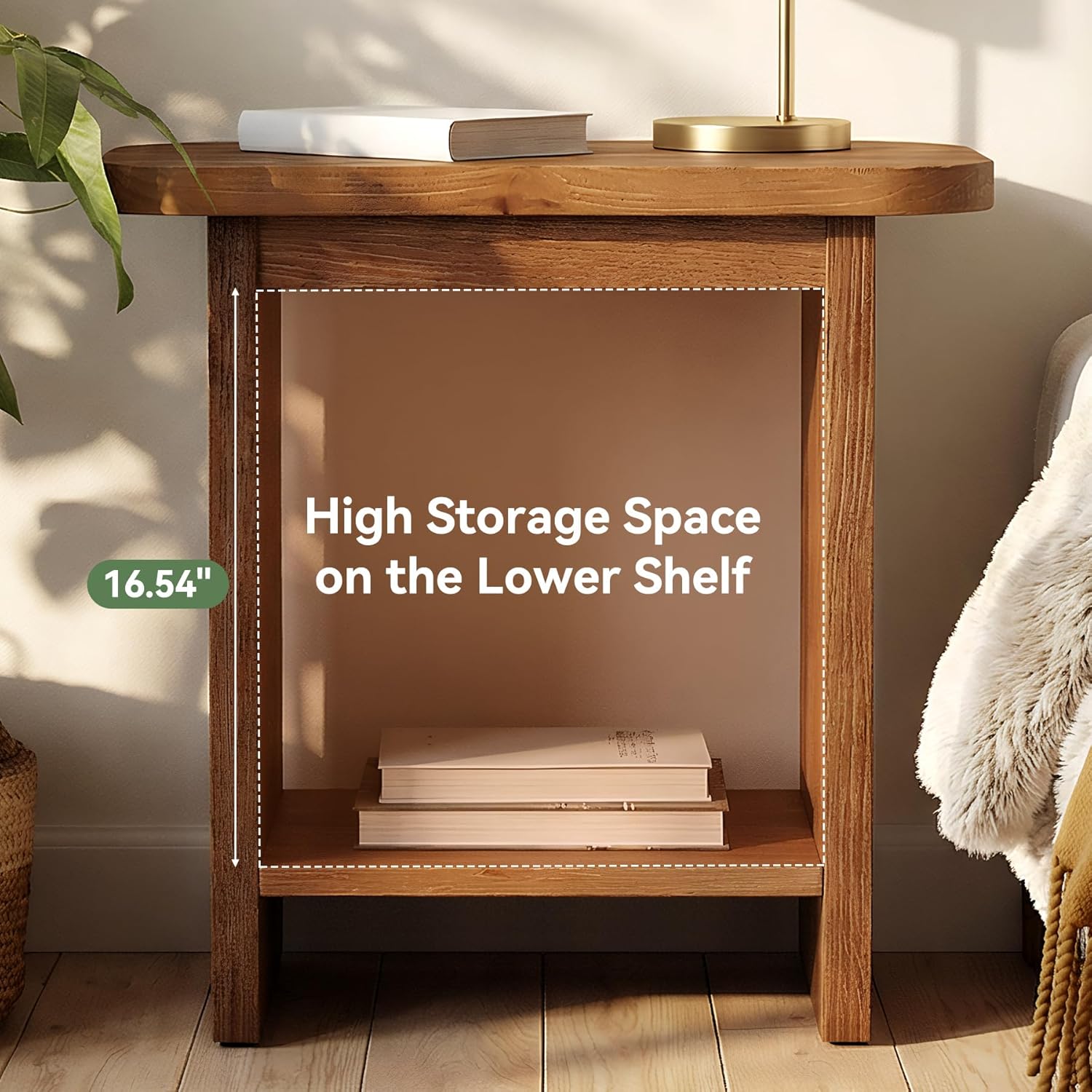 Genuine Solid Wood Side Table, H-Shaped 2-Tier End Table with Storage Shelf, Farmhouse Narrow Nightstand for Living Room, Bedroom, Couch & Armchair, Easy 30-Minute Assembly, Natural Brown