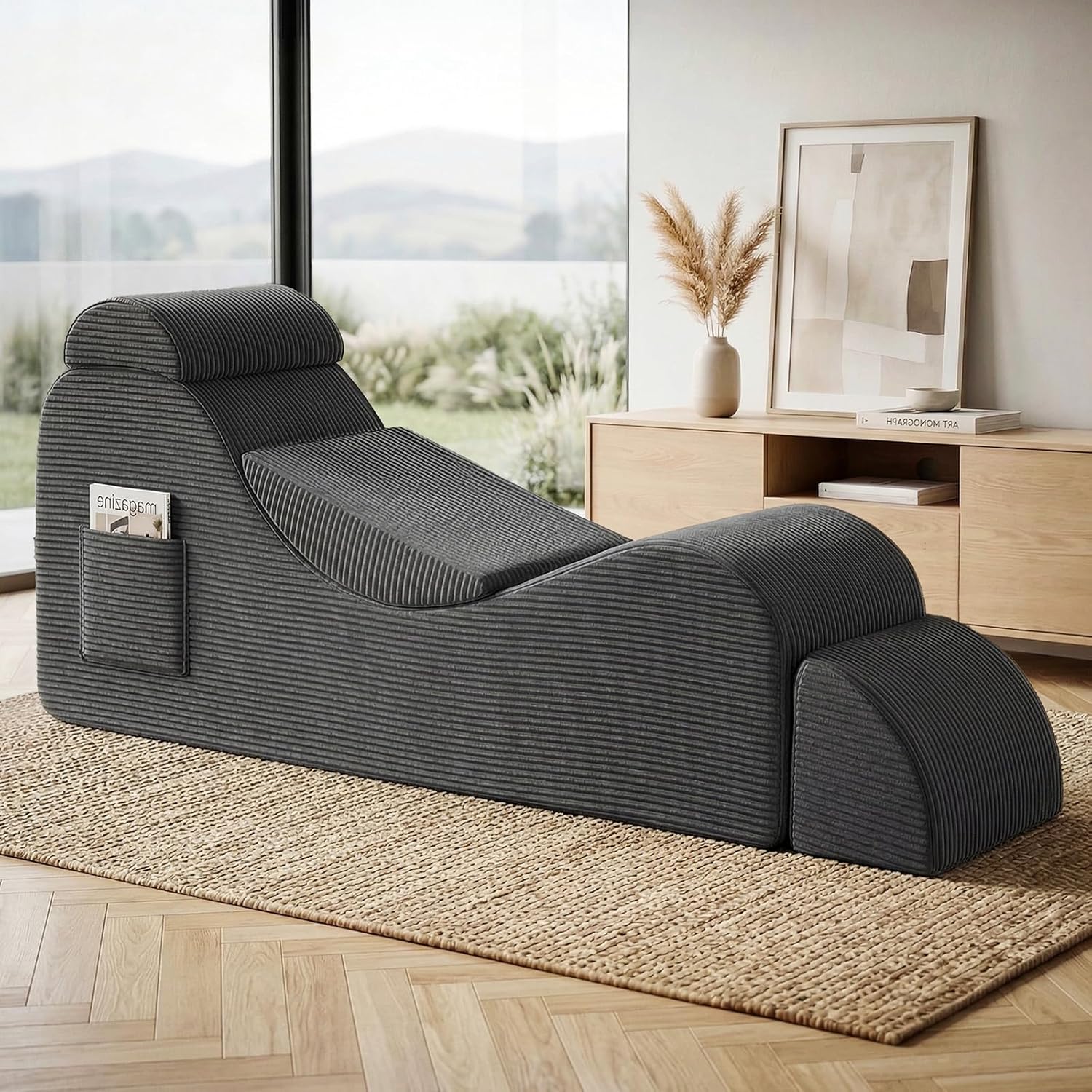 Yoga Chair Lounge for Adult, Ergonomic Foam Chaise Lounge Chair Indoor with Side Pocket, Headrest, Waist Pad, Ottoman, Perfect for Stretching, Massage, and Relaxation, No Assembly Required(Grey)