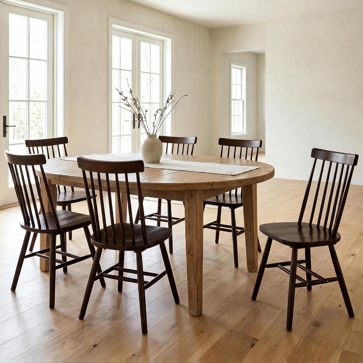 AreShark Brown Dining Chairs Set of 6, Farmhouse Wooden Windsor Dining Room Chairs, Solid Wood Spindle Back Kitchen Chairs