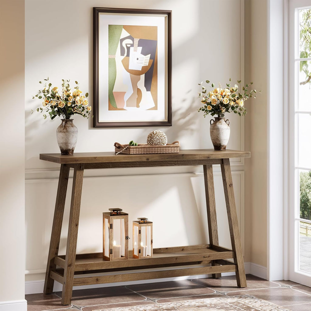 41.3" Farmhouse Console Table, Solid Wood Entryway Table with Storage Shelf, 2 Tiers of Narrow Behind Couch Sofa Furniture for Living Room, Hallway, Foyer, Easy Assembly, Brown